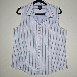 Talbots Womens 16 Blue Striped Non Iron Sleeveless Collared Button Front Shirt‎